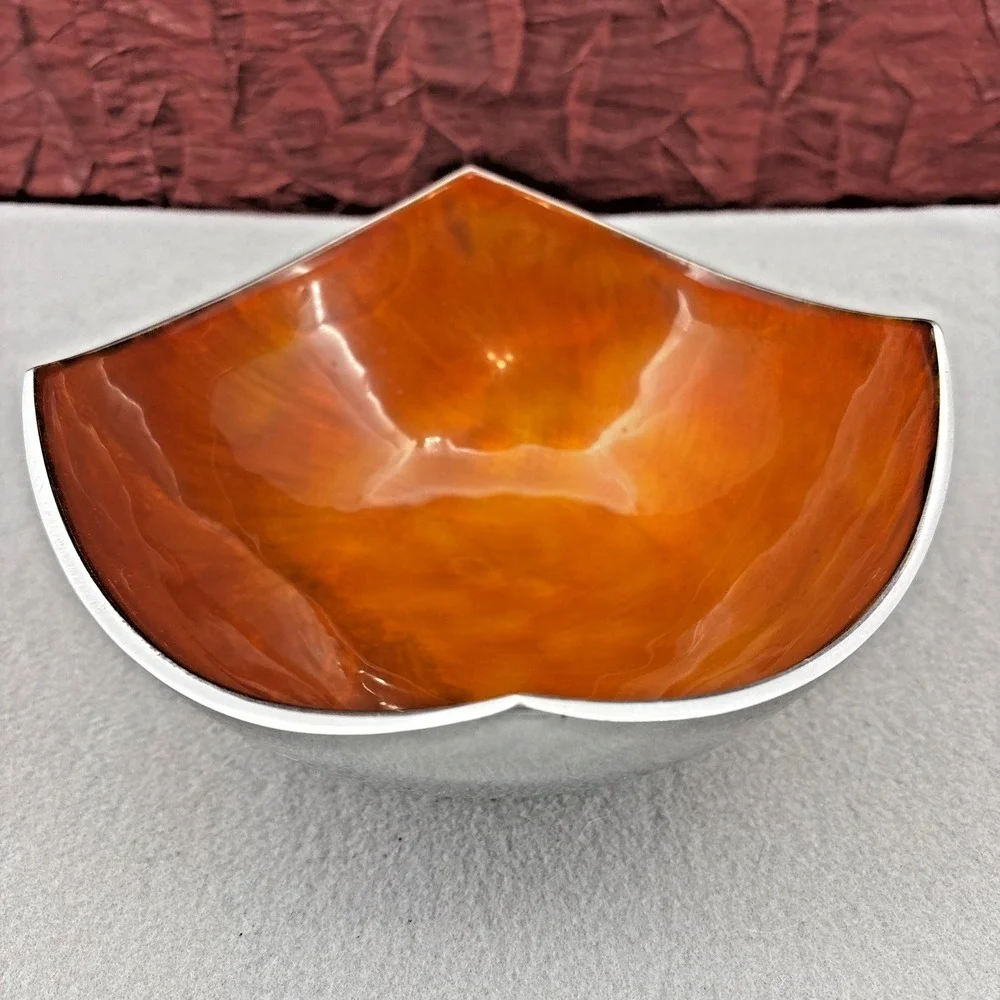 Orange Hand. Painted Swirl Enamel Shiney Aluminum Decorative Bowl Made in India
